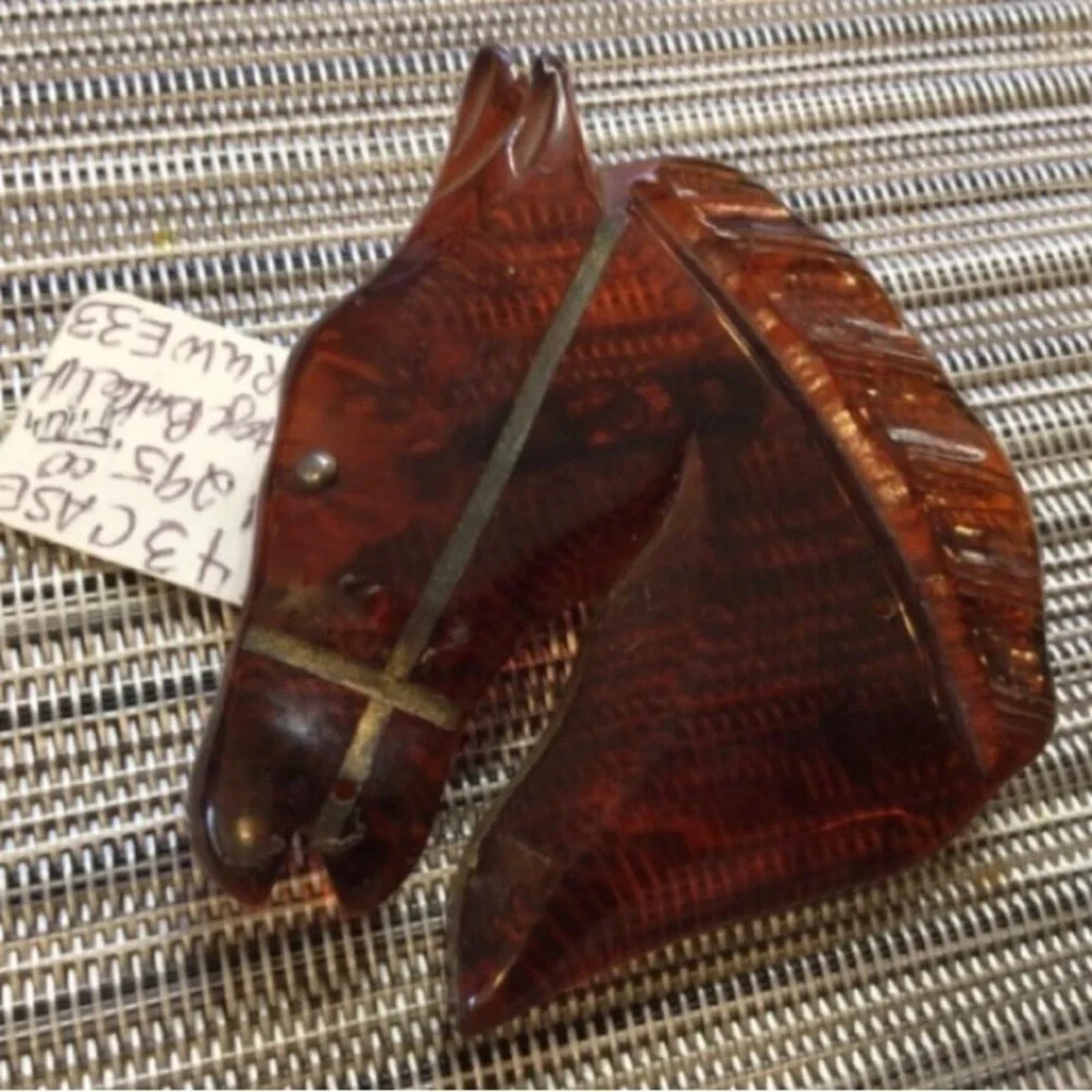 Bakelite Vintage Marbled Root Beer Horse Brooch Pin Rare Euc Simichrome Tested